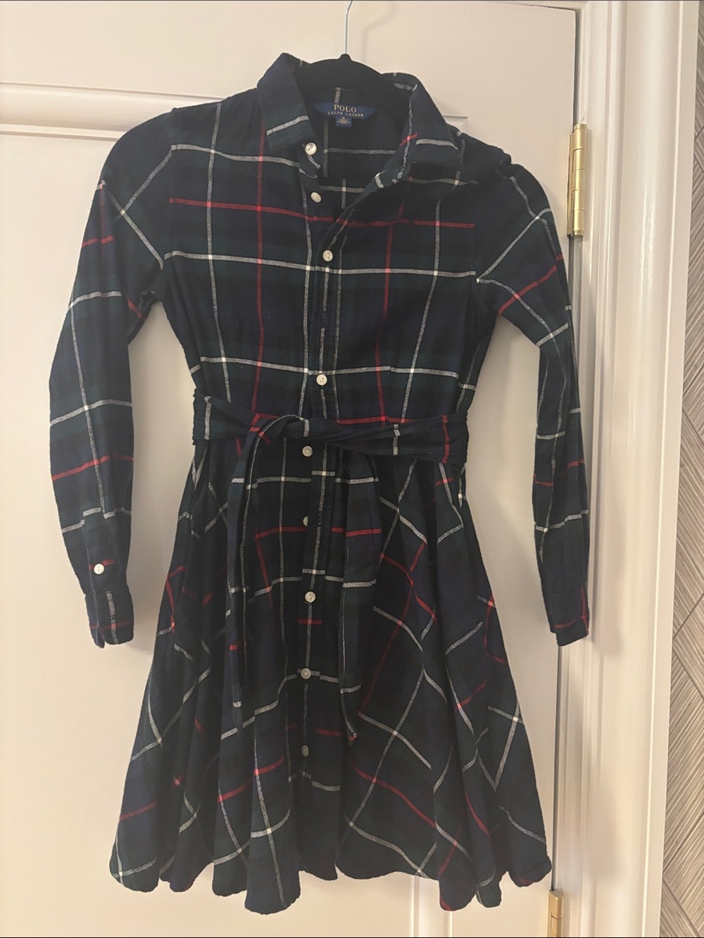 Polo by Ralph Lauren Navy Plaid Button-Down Shirt Dress with Tie